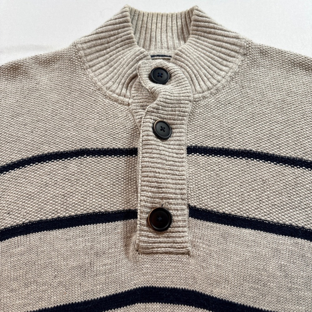 Fat Face Striped Pullover Sweater Mens Large Grey Cotton Mock Neck Henley Knit